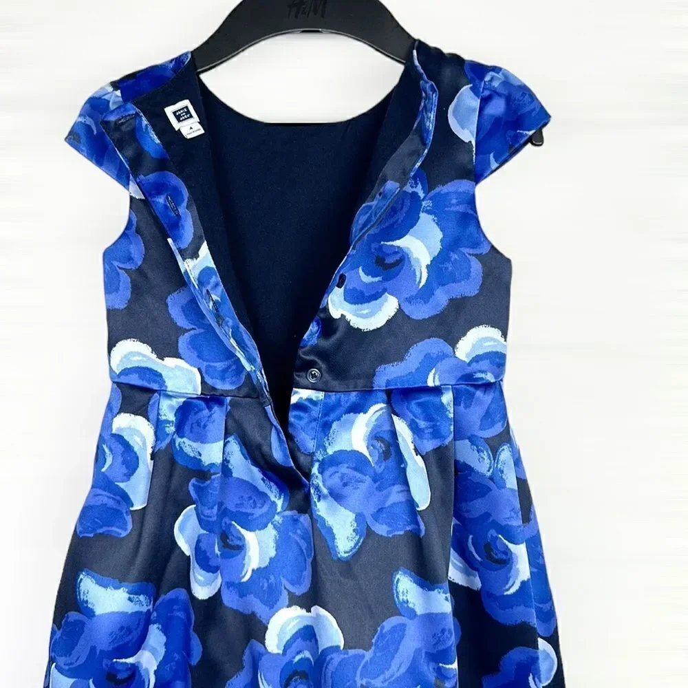JANIE and JACK Blue Blossom Floral Satin Formal Dress Cap Sleeves Bow Detail 4